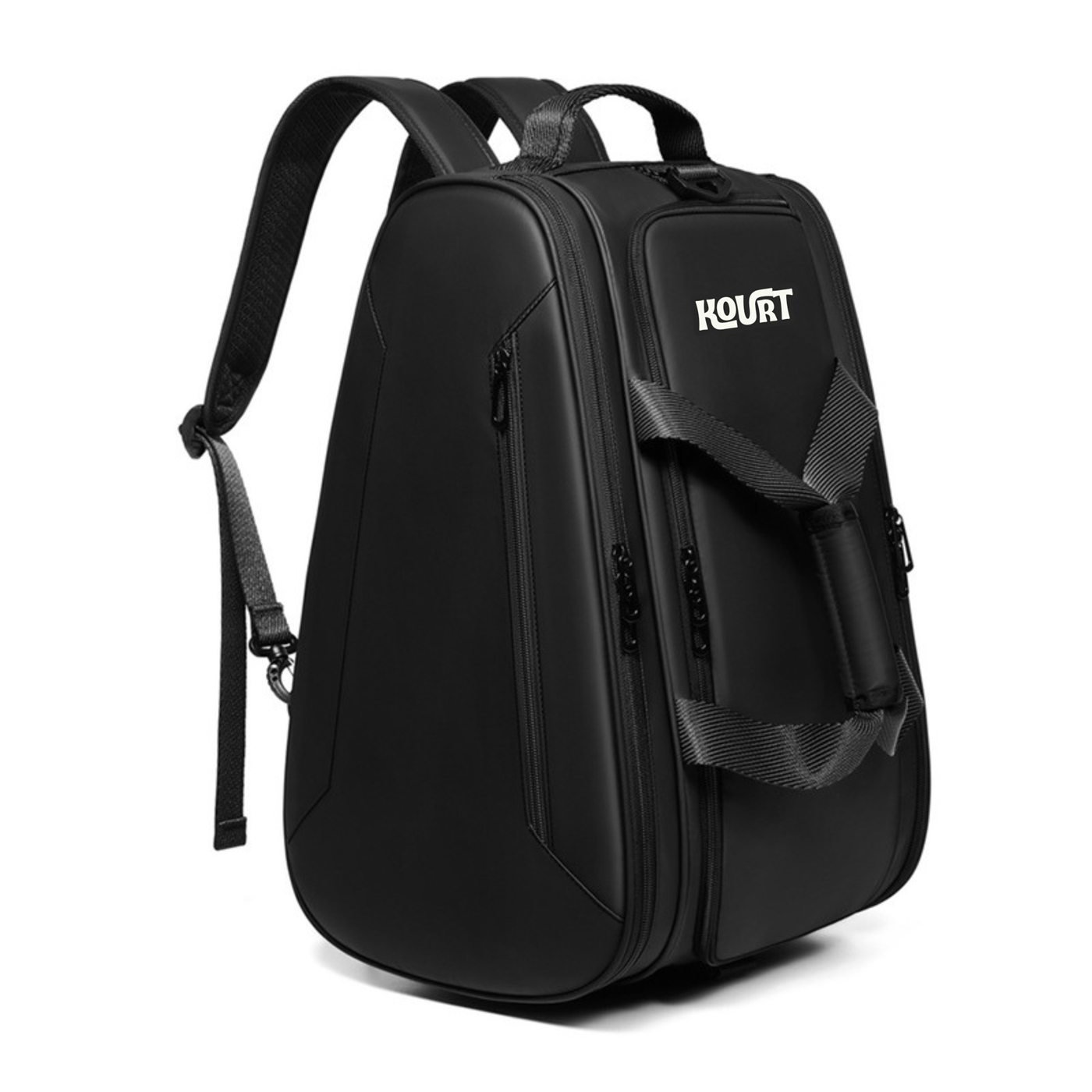 KOURT bag worn as a backpack, front view with logo